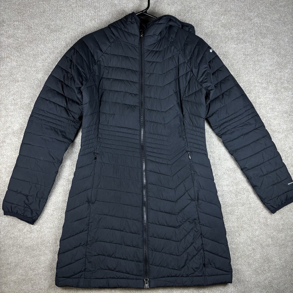 Columbia Omni-Heat Hooded Long Puffer Jacket Women's Small Black Quilted Coat